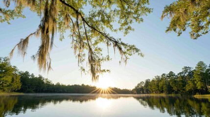 Obraz premium Serene Sunset Over a Tranquil Bayou Landscape in Louisiana Surrounded by Lush Cypress Trees and Gentle Reflections