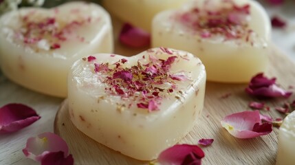 Heart-shaped soap bars with rose petals and essential oils