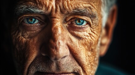 Obraz premium Close-up portrait of an elderly man with wrinkles, focusing on the eyes and skin texture.