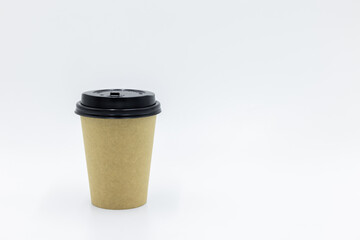 Brown paper coffee cup with black lid on white background, Brown paper cup blank coffee cup for takeaway on white background, Brown empty paper cup for coffee eco coffee cafe.