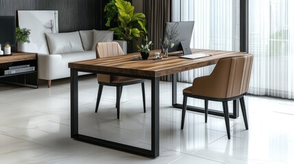 Modern wooden desk in stylish office