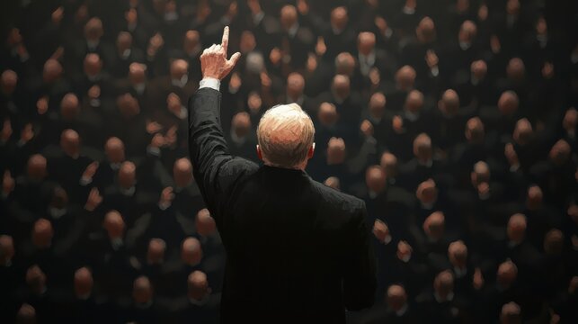 Ruthless Leader Addresses Terrified Crowd with Authoritative Gesture in Darkened Hall