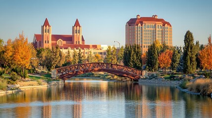 A bridge spans a pond with buildings and colorful autumn trees