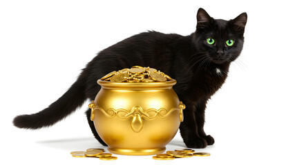 A black cat with green eyes, sitting on a pot of gold, St. Patrick's Day
