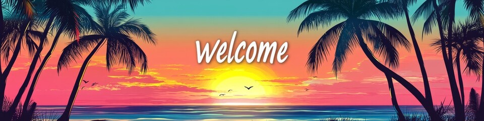 Fototapeta premium Welcome Sign in Vibrant Sunset Background With Palm Trees, Capturing a Tropical Atmosphere and Inviting Visitors to a Beach Destination in Summer
