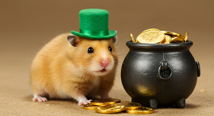 A hamster wearing a tiny green hat, sitting next to a pot of gold, St. Patrick's Day