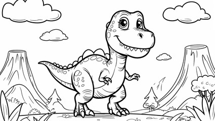Cute Dino Coloring Book Illustration: Adorable dinosaurs in playful poses, perfect for kids' creativity and fun learning. Ideal for printable coloring activities