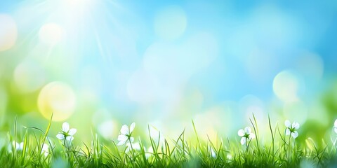 Obraz premium Happy Spring Flowers Background. Vibrant green grass with delicate flowers under a bright blue sky.