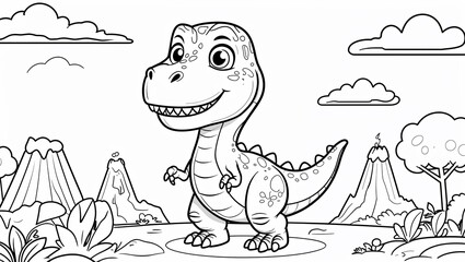 Cute Dino Coloring Book Illustration: Adorable dinosaurs in playful poses, perfect for kids' creativity and fun learning. Ideal for printable coloring activities