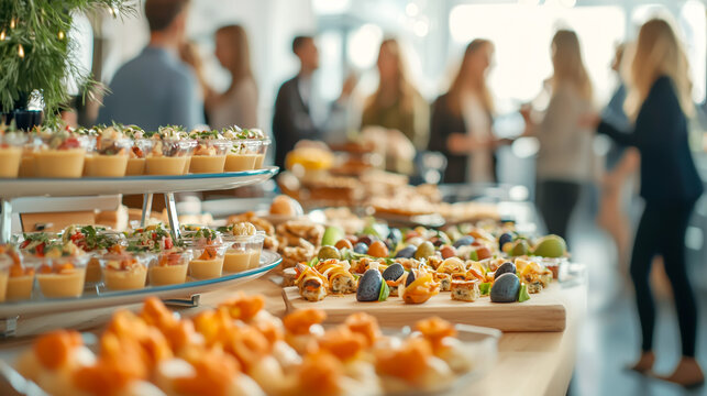 Catered event with colorful appetizers displayed on platters, and guests socializing in the background. 