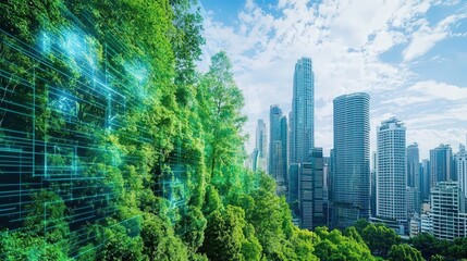 Dynamic interaction in modern urban park city skyline holographic technology daytime nature