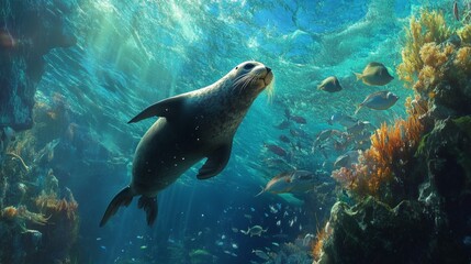 Obraz premium A seal underwater, with a school of fish swimming alongside in a tropical ocean