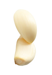 Side view of peeled garlic cloves or pieces in stack isolated on white background with clipping path