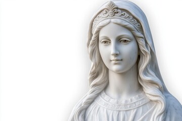 Obraz premium A marble statue of an ancient Greek woman, wearing traditional attire and a veil with long hair, looking straight ahead on a white background