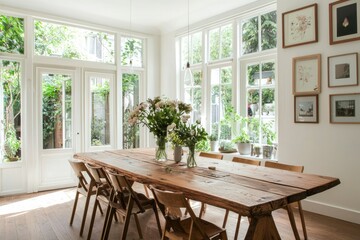 Rustic dining table in sunlit room with garden view, ideal for interiors