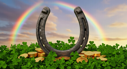 A horseshoe surrounded by shamrocks and gold coins, with a rainbow in the background, St. Patrick's Day