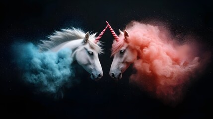 Obraz premium Mesmerizing image of two magical unicorns glowing and illuminating a captivating pastel fairy dust atmosphere creating a dreamlike and surreal fantasy landscape