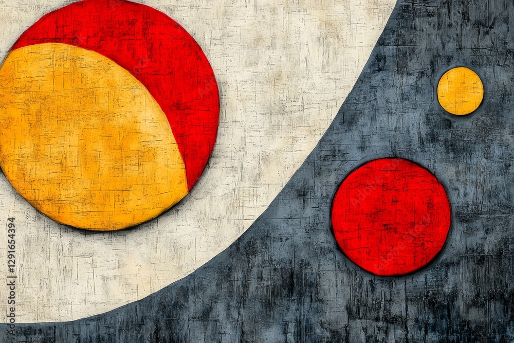 Poster A minimalist composition of geometric shapes in red, yellow, and navy blue on an aged paper background, creating a visually striking abstract artwork with clean lines and bold colors. Digital