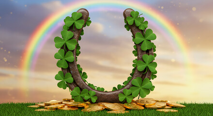 A horseshoe surrounded by shamrocks and gold coins, with a rainbow in the background, St. Patrick's Day