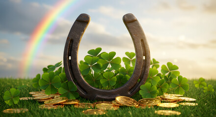 A horseshoe surrounded by shamrocks and gold coins, with a rainbow in the background, St. Patrick's Day
