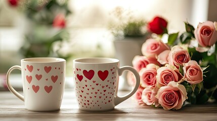 Fototapeta premium Two mugs with heart designs placed on a table near a bouquet of roses