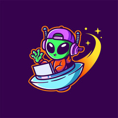 Cute Alien Cartoon Mascot Using Laptop in Spaceship – Vector Illustration