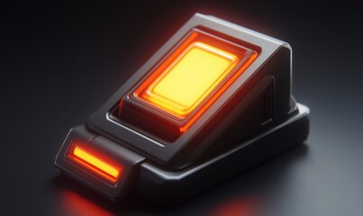 Futuristic glowing button on a sleek surface, illuminated with orange light in a dark environment