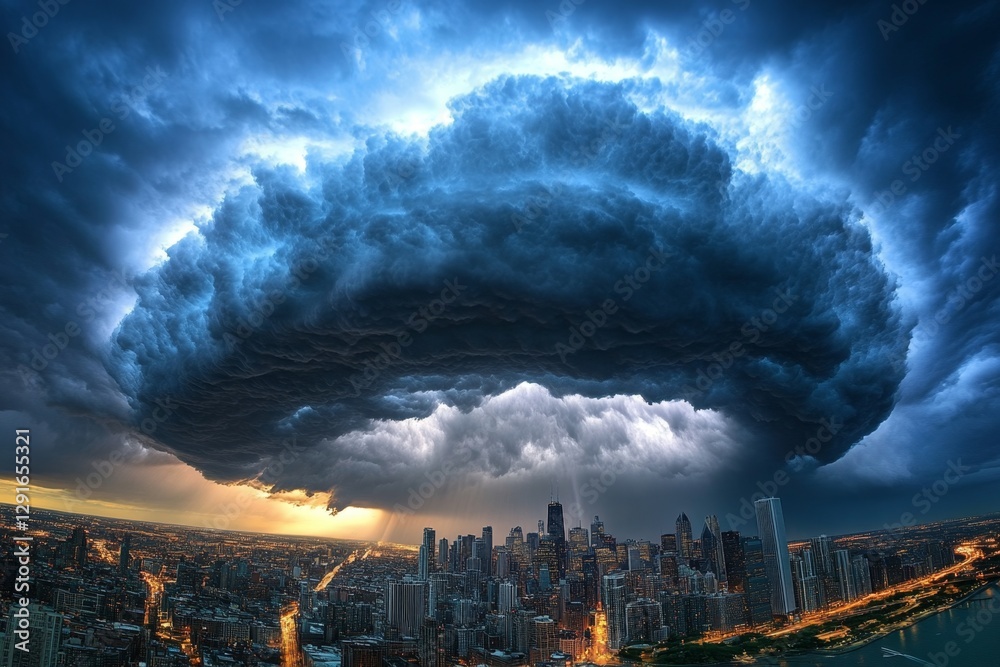 Poster a panoramic view of the city skyline during an approaching storm, with dark clouds and light rays br
