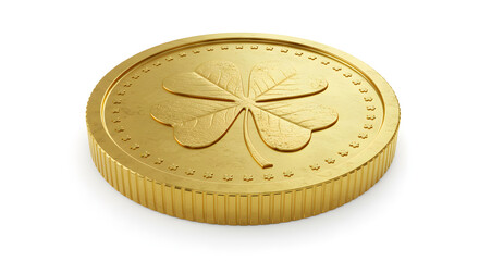 A 3D render of a golden coin with a shamrock imprint, St. Patrick's Day