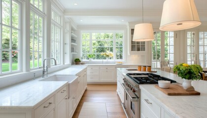 Bright white kitchen with island, large windows, garden view, ideal for home decor