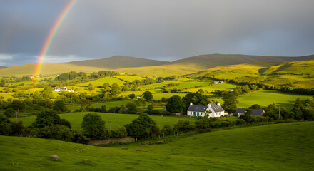 A lush green Irish countryside with rolling hills, a rainbow, and a small cottage, St. Patrick's Day