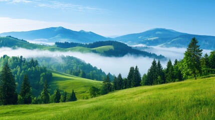 Fototapeta premium Misty Green Hills Under Fresh Mountain Air with Serenity and Calmness
