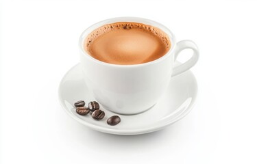Fototapeta premium Freshly Brewed Coffee in White Cup on Saucer with Coffee Beans