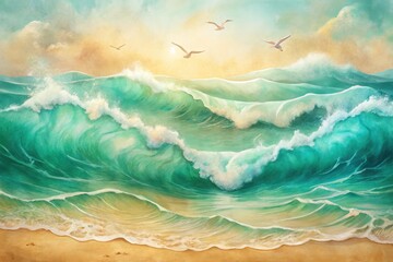 Pastel ocean waves with mint green, pastel green, and sandy beige. Soft watercolor layers add depth, with minimalist bird wing sketches and foamy wave outlines for a serene, abstract touch.