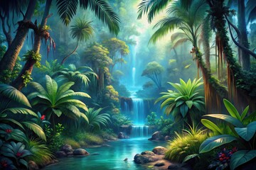 Mysterious tropical forest: Dark blue, turquoise, brown tones. Dense palms, vines, dim light. A waterfall, misty ground, geckos, toucans. Ideal for art, games, book covers.