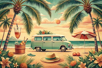 Vintage tropical background with light yellow, pastel green, earthy orange, and pink tones. Features classic beach vans, sun loungers, a "Summer Paradise" retro sign, heart-shaped sunglasses
