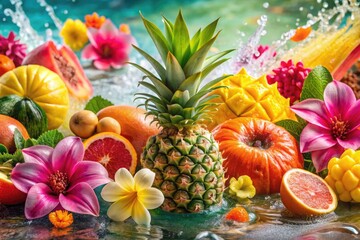 Tropical background featuring pineapple, mango, papaya, watermelon, and orange combined with hibiscus, frangipani, and tropical orchids. Light water splash effect adds freshness. Ideal for juice, ice 