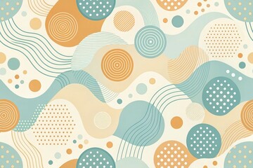 Free rounded geometric background with pastel blocks (beige, light blue, sand yellow, light orange). Soft, intertwined shapes with transparency effects. Hand-drawn strokes like wavy lines, polka dots 