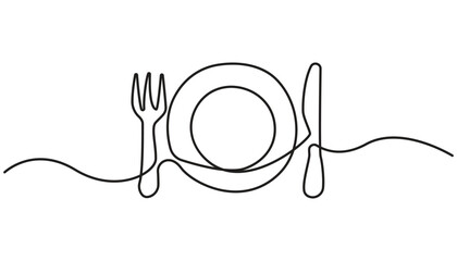 One continuous one line hand drawn plate, knife and fork Simple sketch design isolated on white background. outline Vector illustration