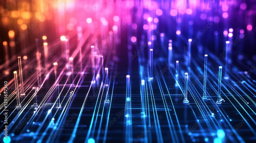 Poster circuit board illuminated with multicolored lights creating a vibrant and technologically advanced a