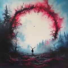 Obraz premium Majestic deer standing in enchanted forest surreal landscape nature mystical atmosphere
