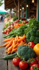Colorful Spread of Freshly Picked Fruits and Vegetables on a Wooden Market Table, Showcasing Nature's Bounty in a Bright, Inviting Setting