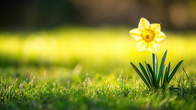 A single yellow daffodil blooms amidst green grass. St. Davids Day, spring wide banner with copy space.