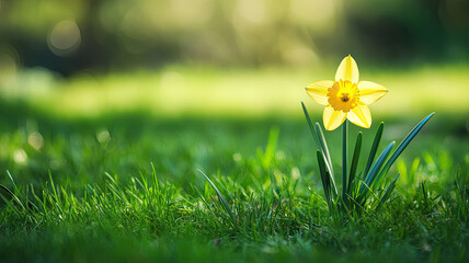 A single yellow daffodil blooms amidst green grass. St. Davids Day, spring wide banner with copy space.