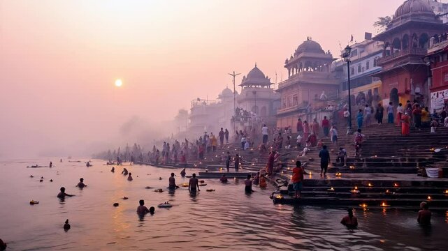 Sunrise Rituals at Varanasi's Sacred Ghats: Pilgrims Bathe and Pray in the Ganges River