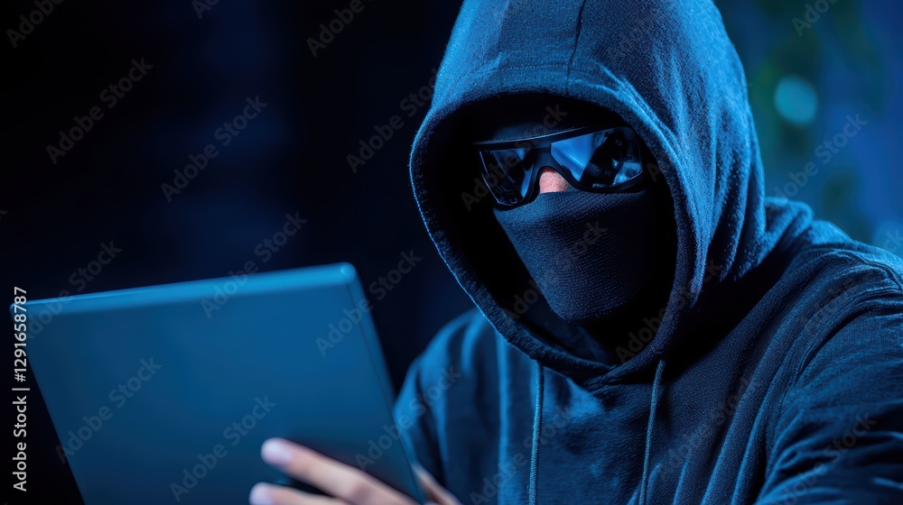 Poster hacker in dark hoodie attempting to infiltrate secure computer system