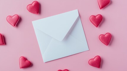Envelope surrounded by red heart-shaped candies on a pink background, evoking feelings of love and affection during a festive occasion