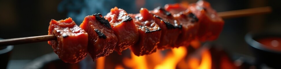 Charred beef cubes sizzle on skewers over open flames , dish, delicious, recipe