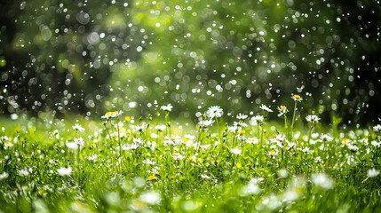 Obraz premium Daisies in a field on a sunny day with bokeh lights dancing above. A scene of tranquility and natural beauty, a relaxing moment. 