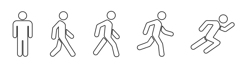 Person walking black filled and outlined icon set. Man stands, walk and run. 